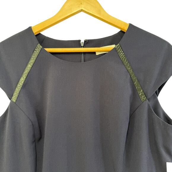 Calvin Klein Cap Sleeve Faux Leather Trim Sheath Dress Sz 10 Indigo Work Career - Picture 3 of 10